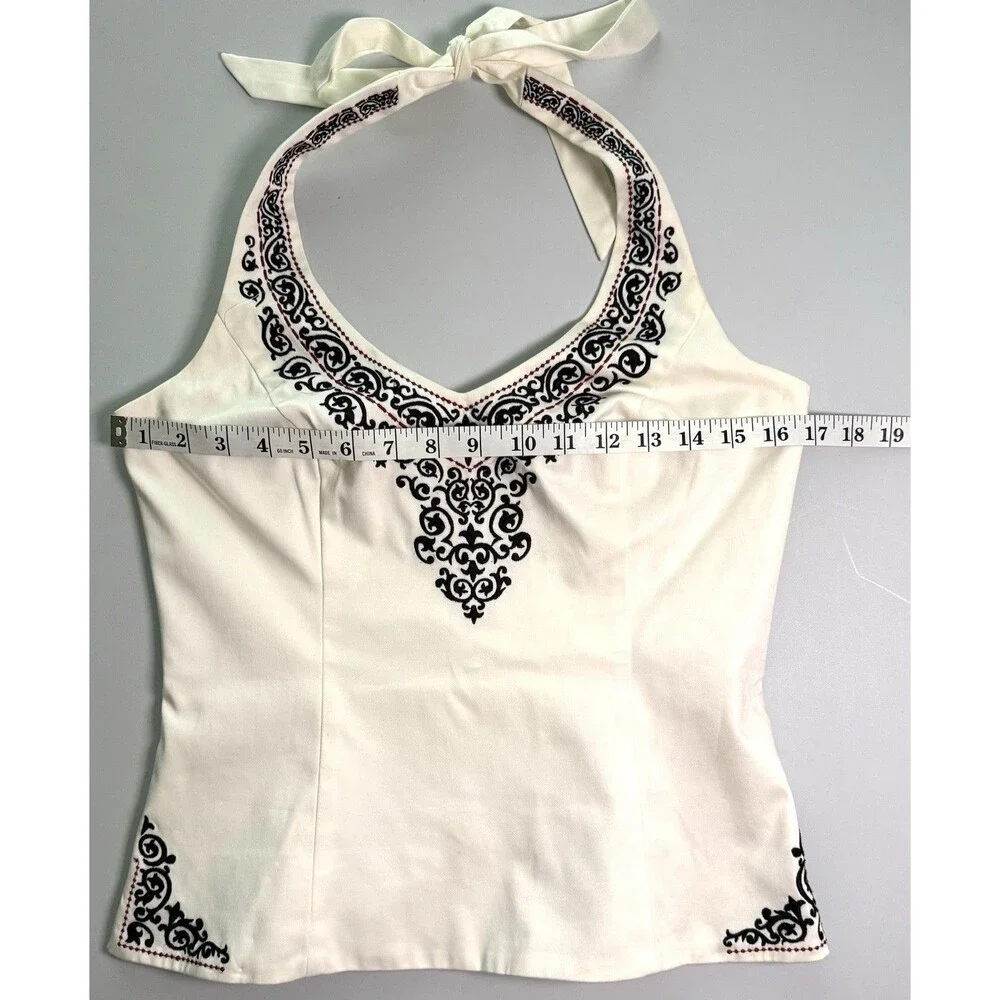 White House Black Market Structured Halter Top Sz US 8 Cotton Embroidered Lined
